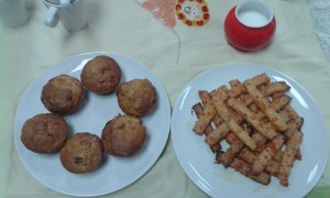 Muffins and cheese straws NB Church hall table cloth!